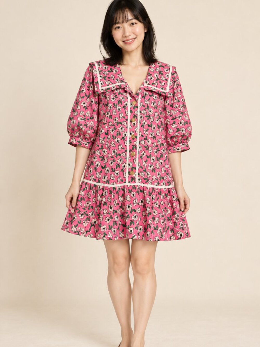 Pink Floral Sailor Collar Ruffle Mini Dress